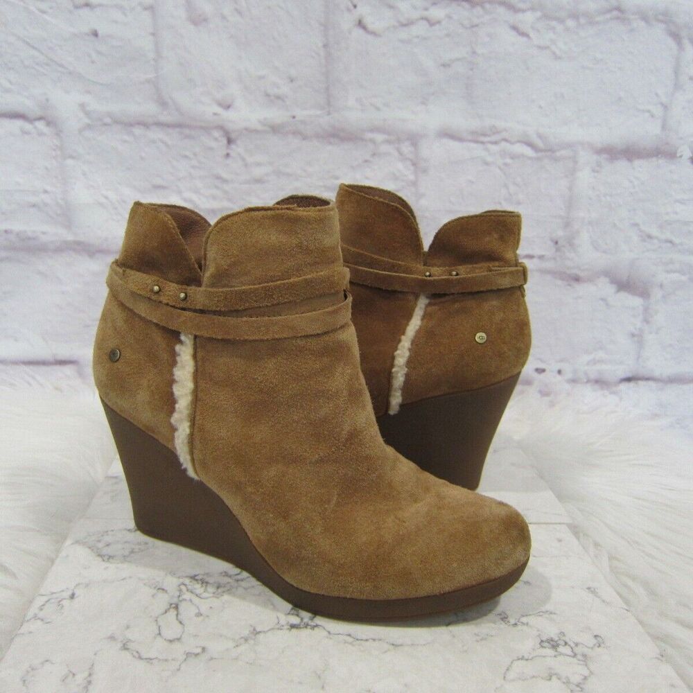 Ugg Alexandra Women Wedge Fur Trim Ankle Booties Size 8 Chestnut Brown